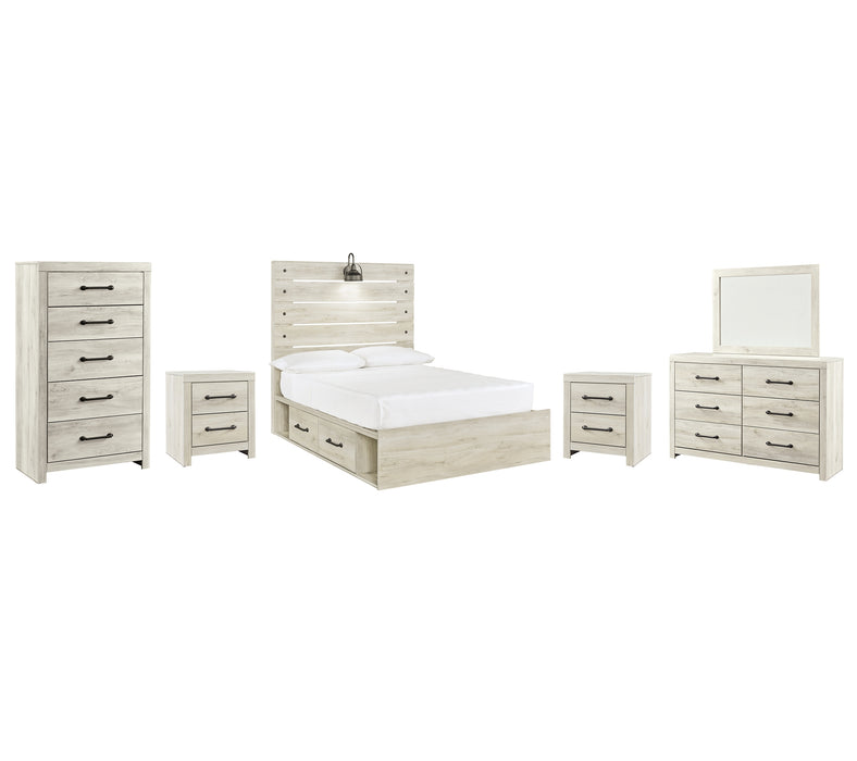 Cambeck Full Panel Bed with 4 Storage Drawers with Mirrored Dresser, Chest and 2 Nightstands