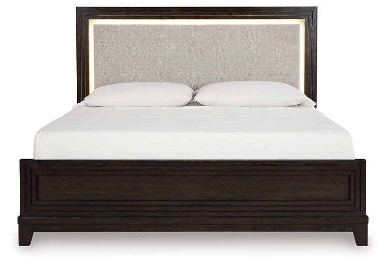 Neymorton California King Upholstered Panel Bed with Dresser